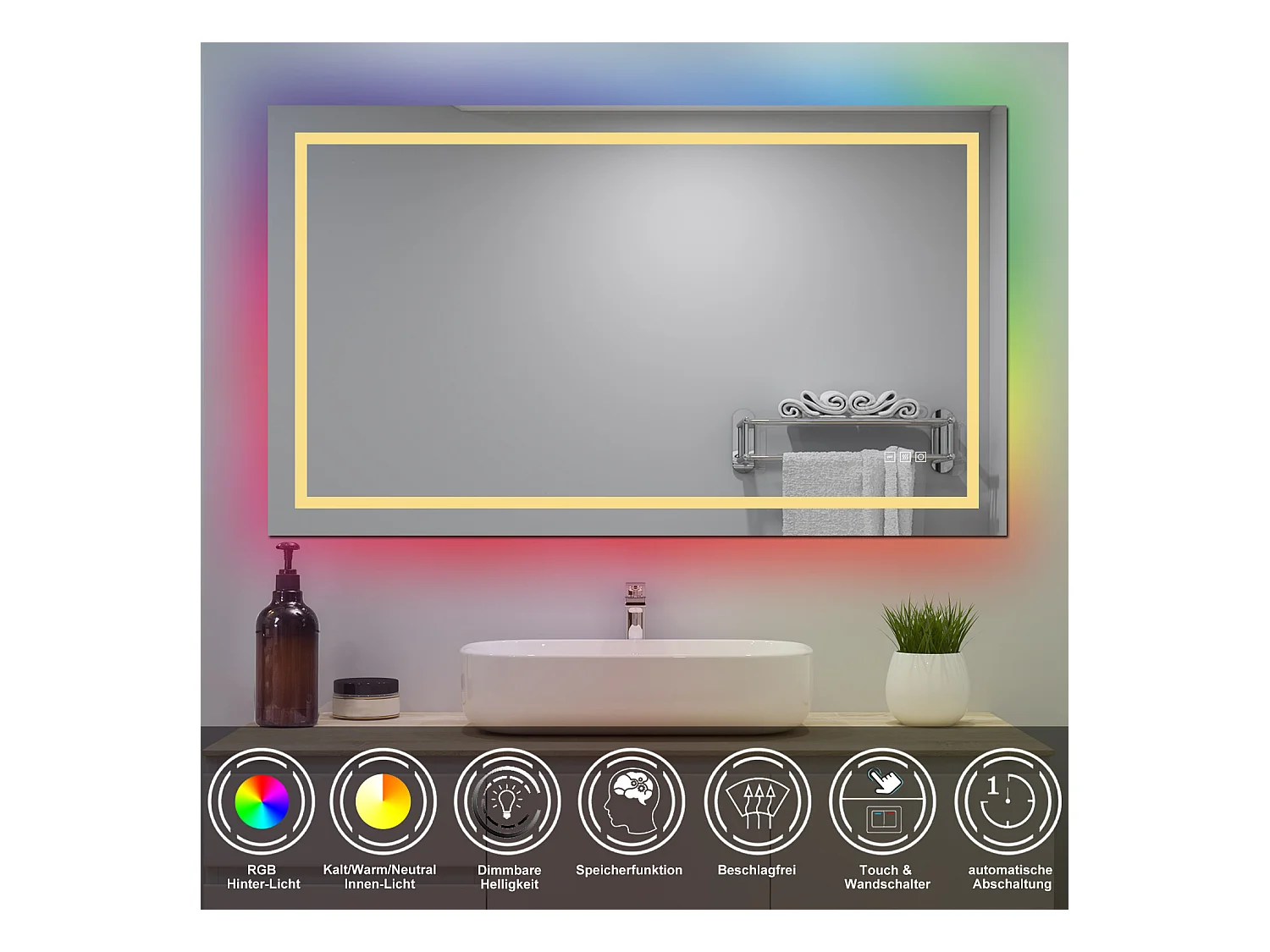 AICA Badspiegel mit RGB-Beleuchtung 120x70cm Beschlagfrei 3 Lichtfarbe Dimmbar Memory-Funktion