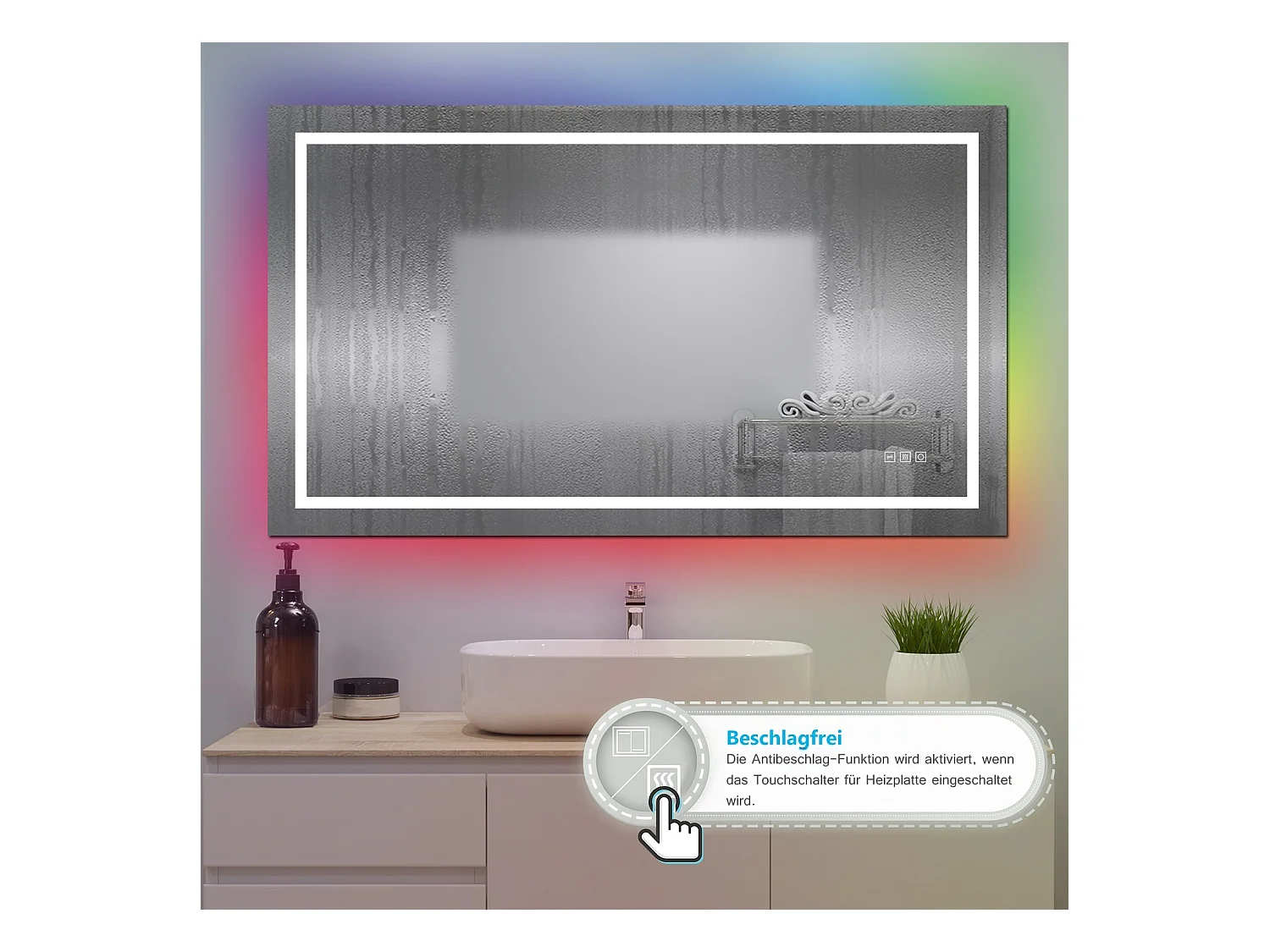 AICA Badspiegel mit RGB-Beleuchtung 120x70cm Beschlagfrei 3 Lichtfarbe Dimmbar Memory-Funktion