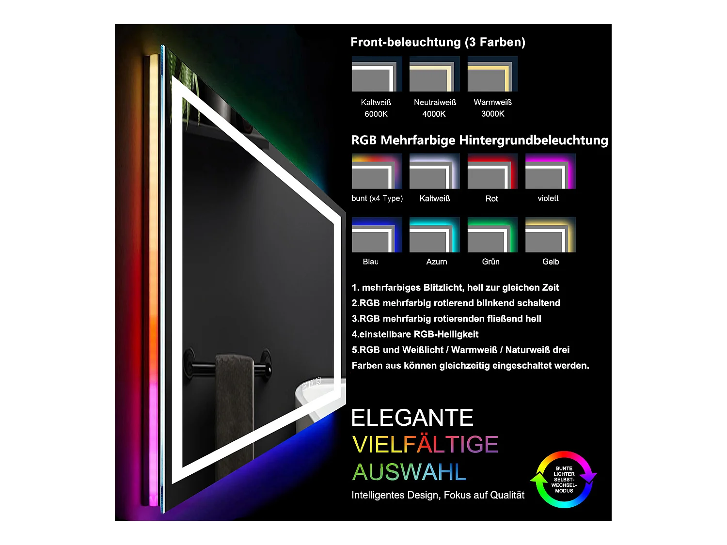 AICA Badspiegel mit RGB-Beleuchtung 120x70cm Beschlagfrei 3 Lichtfarbe Dimmbar Memory-Funktion