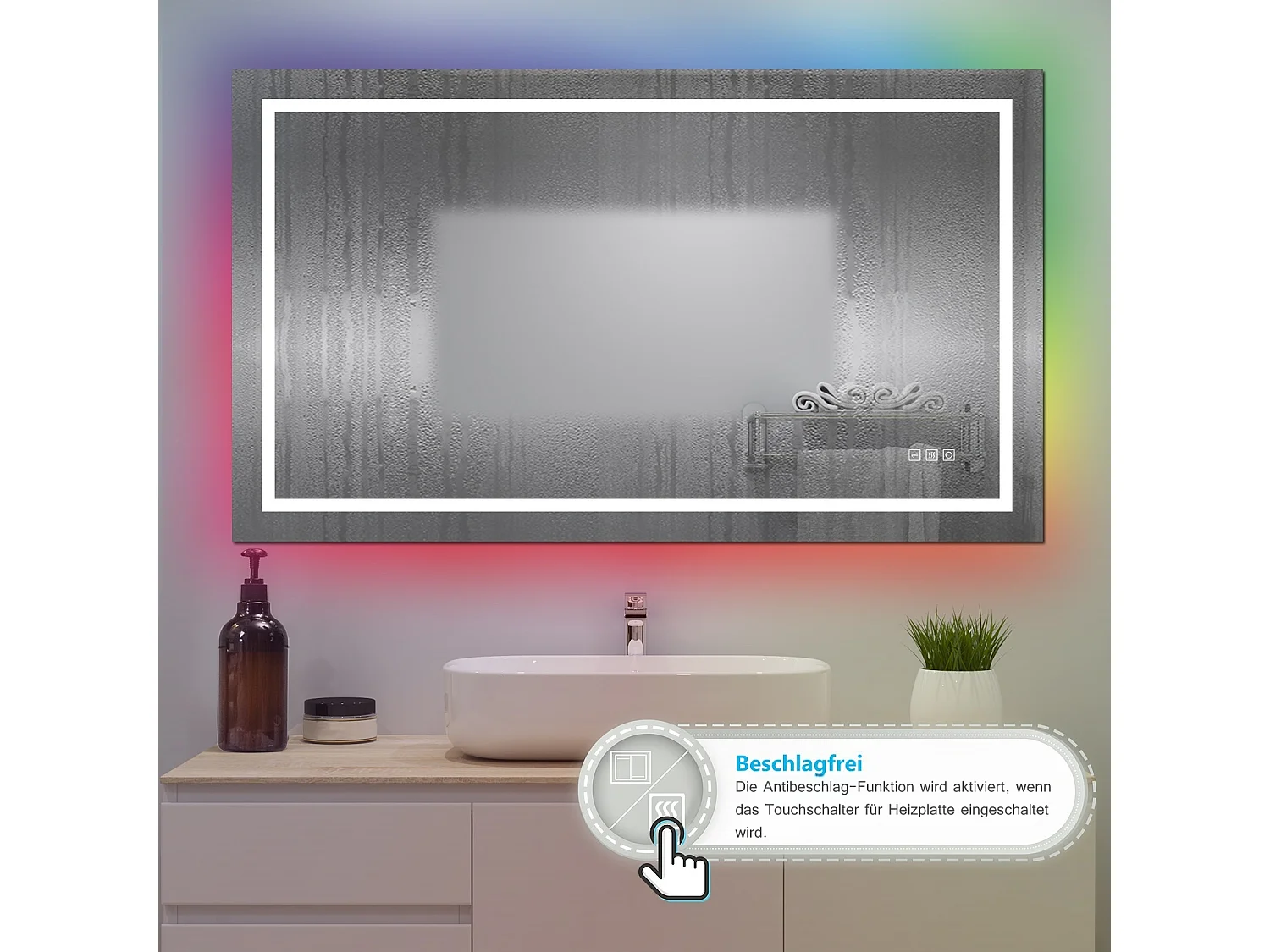 AICA Badspiegel mit RGB-Beleuchtung 120x70cm Beschlagfrei 3 Lichtfarbe Dimmbar Memory-Funktion