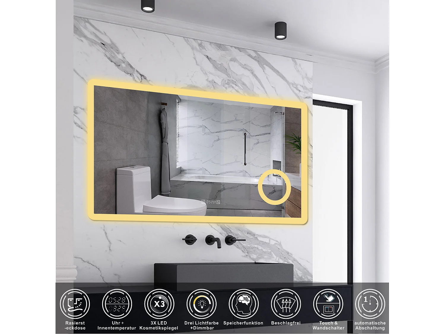 AICA LED Wandspiegel mit Steckdose 100x60cm Uhr Kosmetikspiegel Beschlagfrei 3 Lichtfarbe+Dimmbar