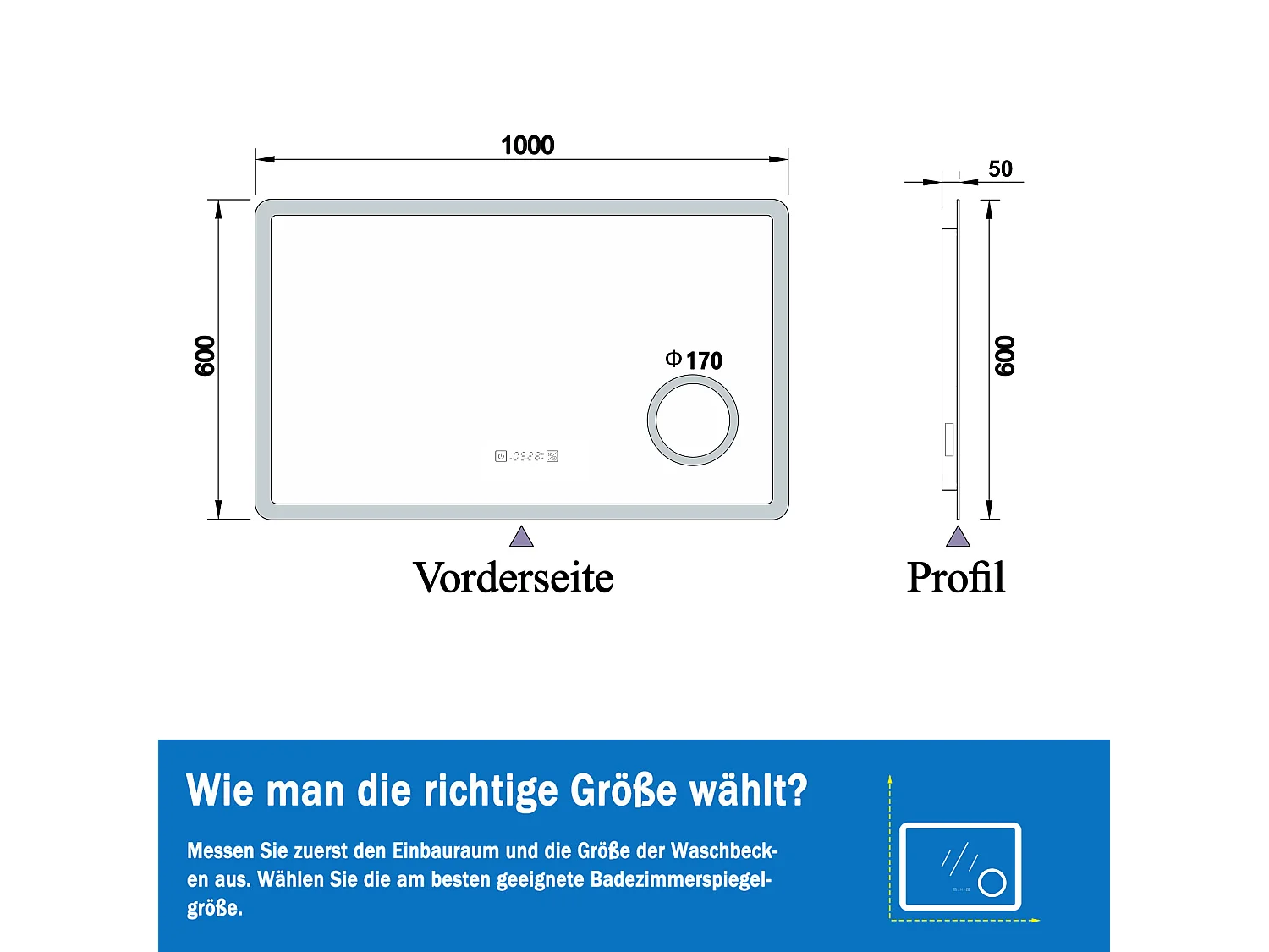 AICA LED Wandspiegel mit Steckdose 100x60cm Uhr Kosmetikspiegel Beschlagfrei 3 Lichtfarbe+Dimmbar