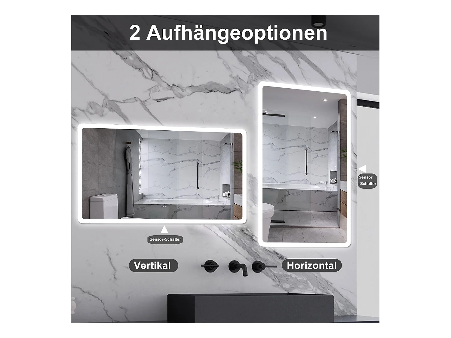 AICA Badspiegel mit Beleuchtung 100x60cm Sensor-Schalter Beschlagfrei Kaltweiß dimmbar Memory-Funktion