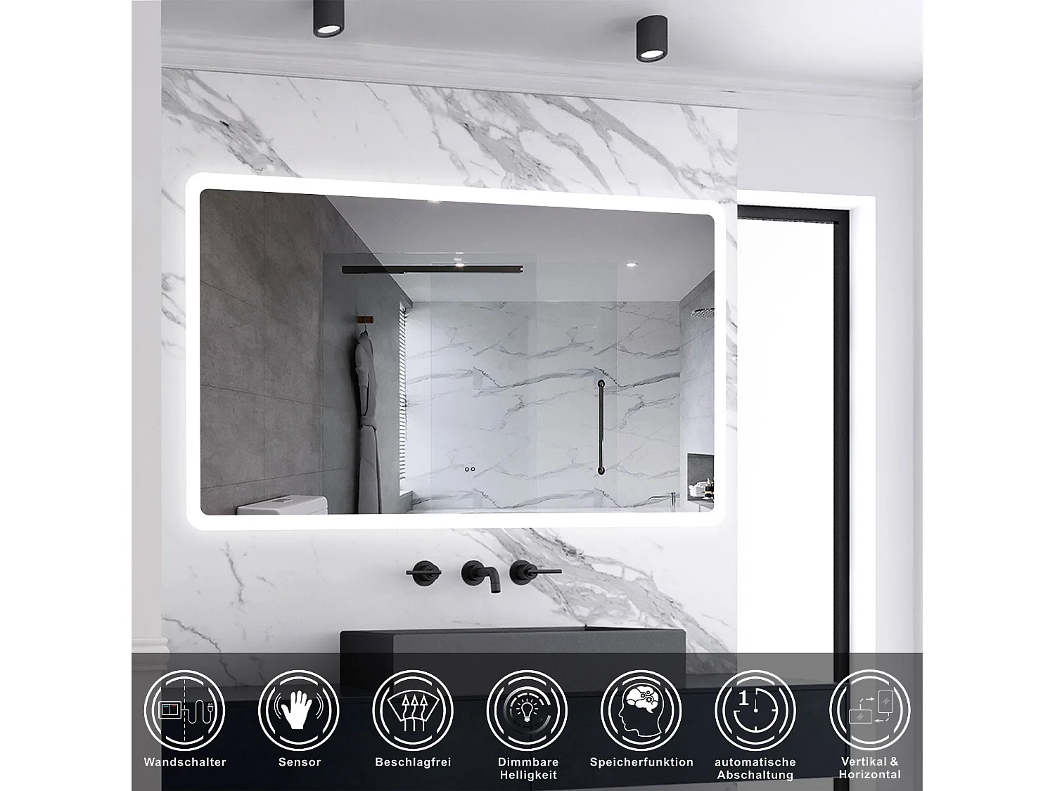 AICA Badspiegel mit Beleuchtung 100x60cm Sensor-Schalter Beschlagfrei Kaltweiß dimmbar Memory-Funktion