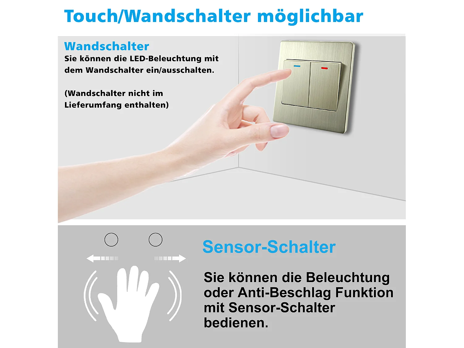 AICA Badspiegel mit Beleuchtung 100x60cm Sensor-Schalter Beschlagfrei Kaltweiß dimmbar Memory-Funktion