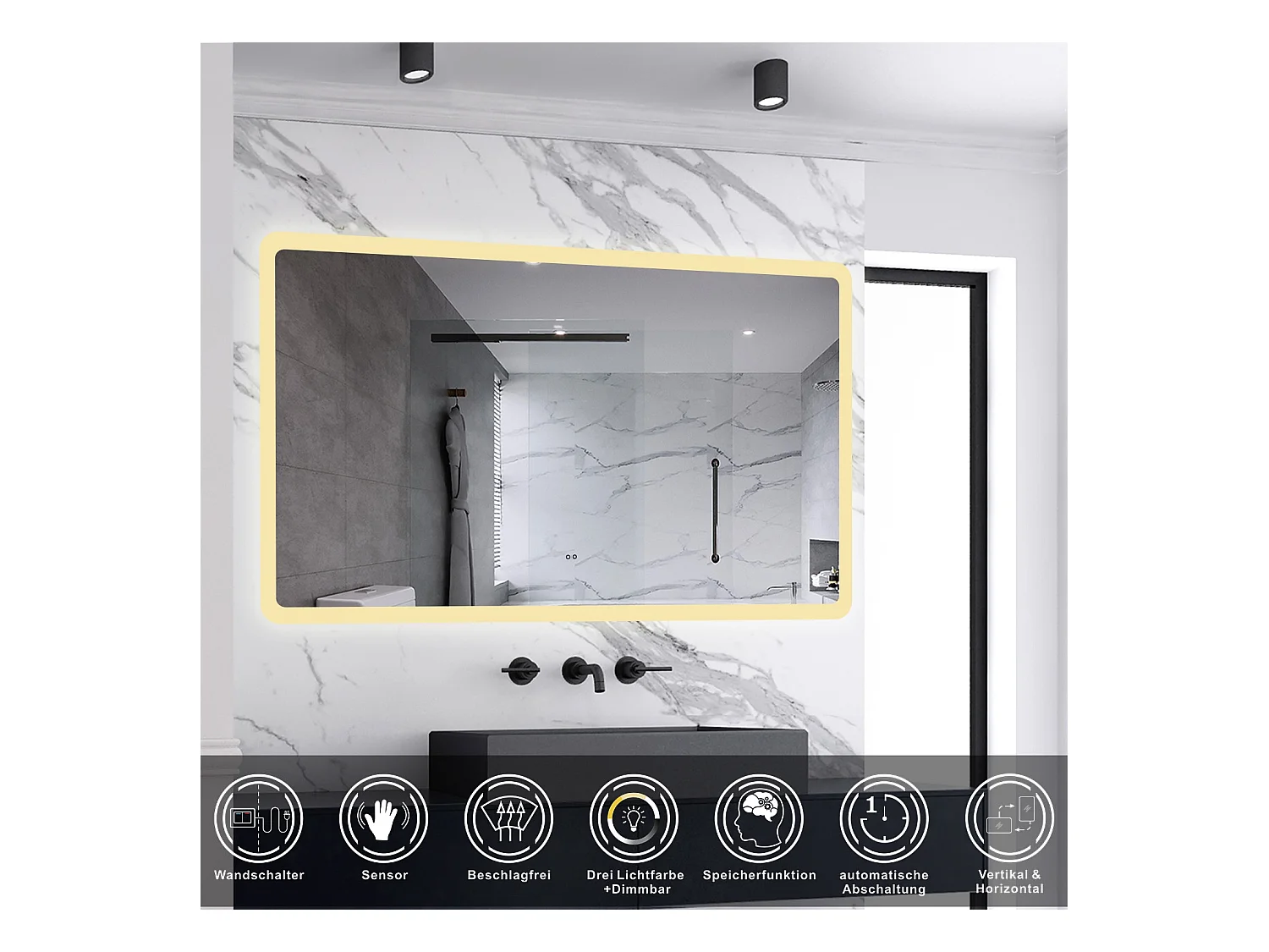 AICA Badspiegel mit Beleuchtung 160x80cm Sensor-Schalter Beschlagfrei 3 Lichtfarbe+Dimmbar Memory-Funktion