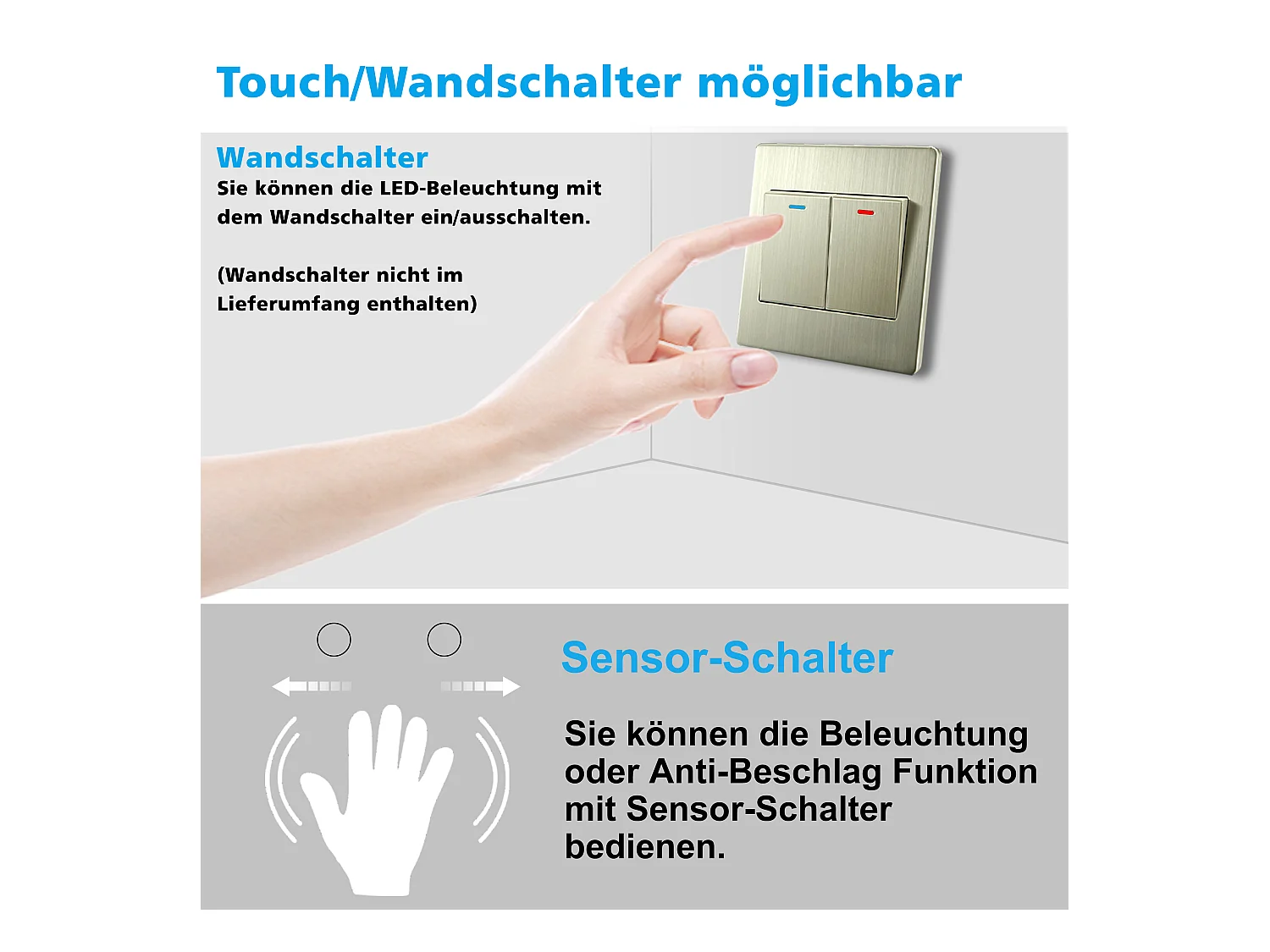 AICA Badspiegel mit Beleuchtung 160x80cm Sensor-Schalter Beschlagfrei 3 Lichtfarbe+Dimmbar Memory-Funktion