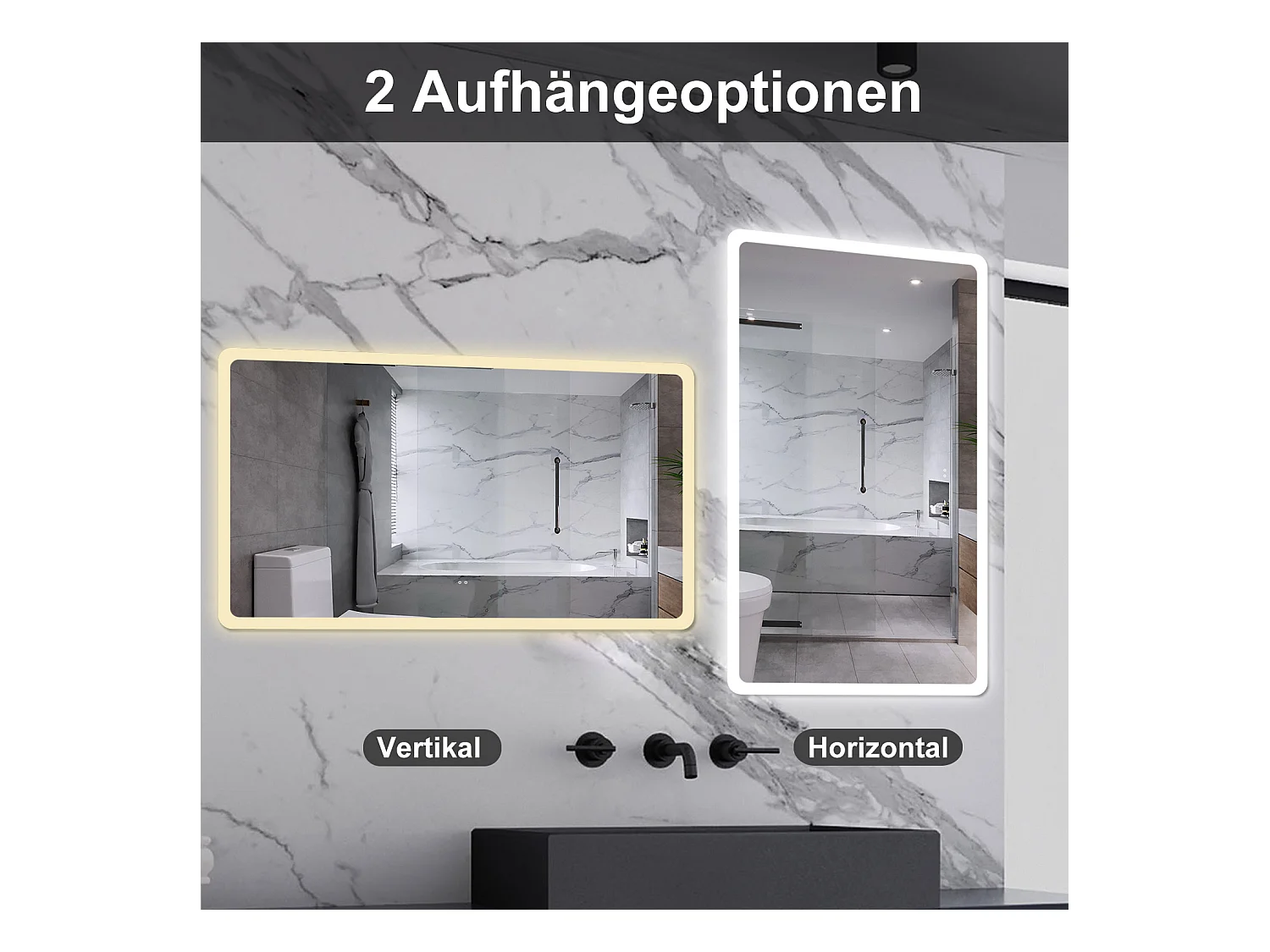 AICA Badspiegel mit Beleuchtung 160x80cm Sensor-Schalter Beschlagfrei 3 Lichtfarbe+Dimmbar Memory-Funktion