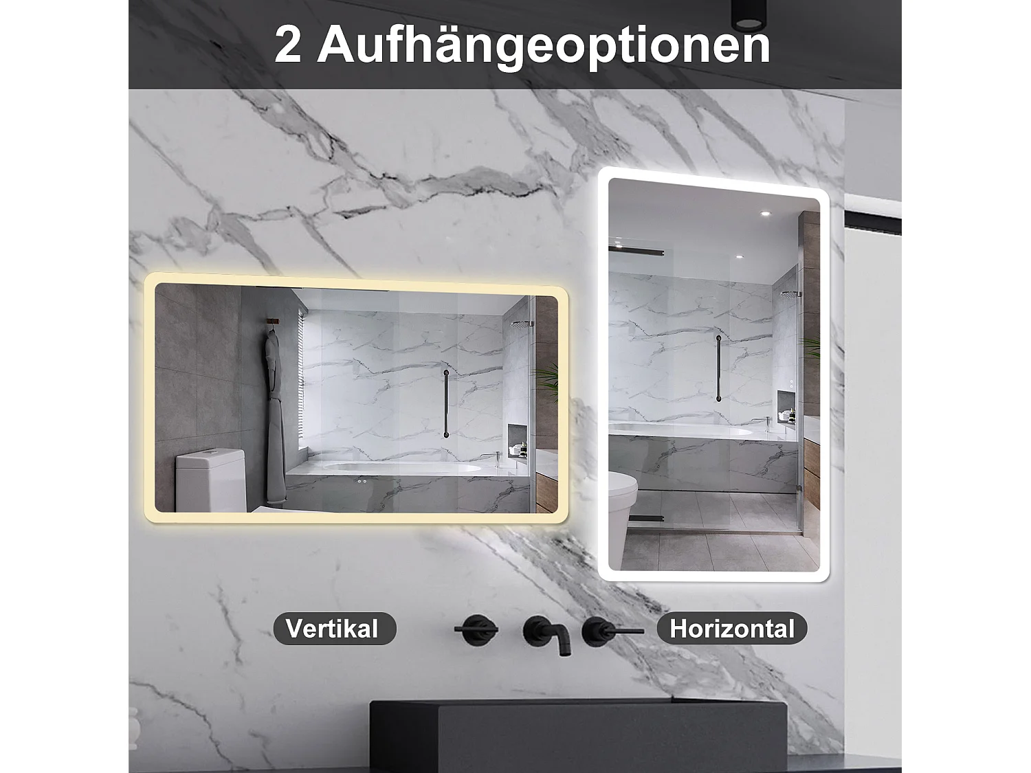 AICA Badspiegel mit Beleuchtung 160x80cm Sensor-Schalter Beschlagfrei 3 Lichtfarbe+Dimmbar Memory-Funktion