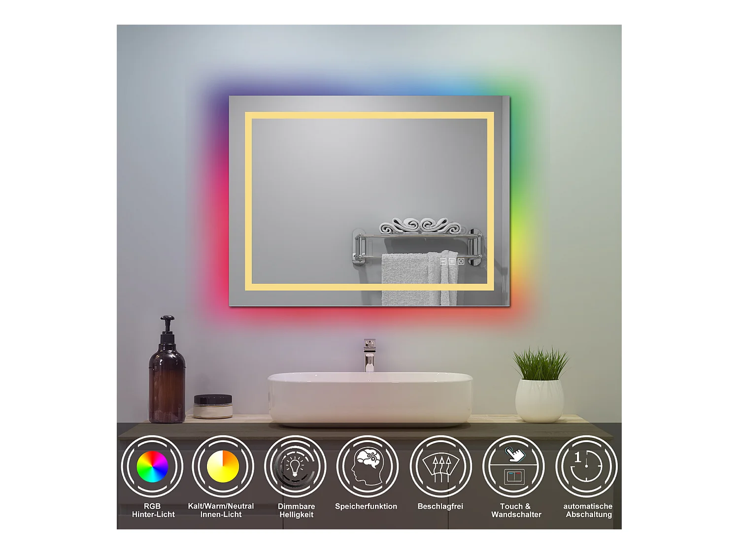 AICA Badspiegel mit RGB-Beleuchtung 70x50cm Beschlagfrei 3 Lichtfarbe Dimmbar Memory-Funktion