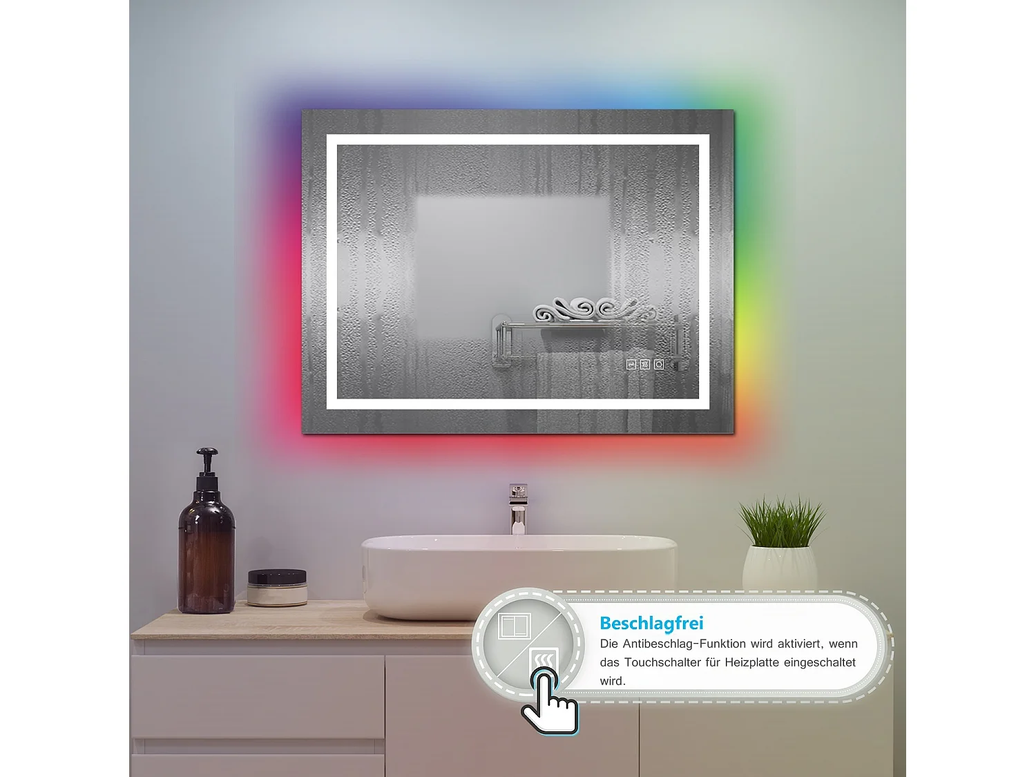 AICA Badspiegel mit RGB-Beleuchtung 70x50cm Beschlagfrei 3 Lichtfarbe Dimmbar Memory-Funktion