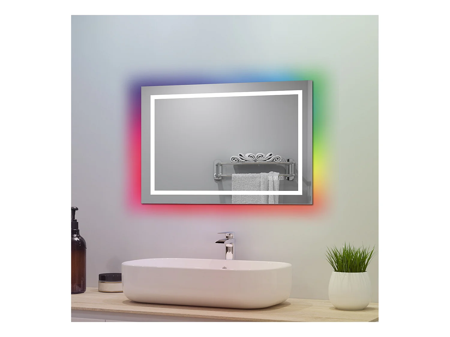 AICA Badspiegel mit RGB-Beleuchtung 70x50cm Beschlagfrei 3 Lichtfarbe Dimmbar Memory-Funktion