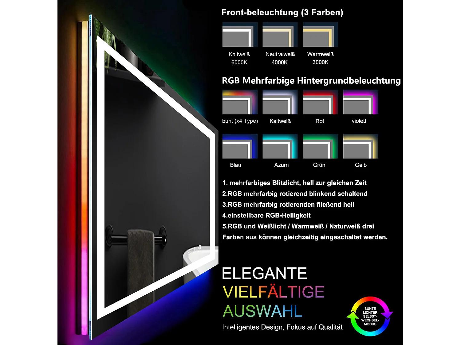 AICA Badspiegel mit RGB-Beleuchtung 70x50cm Beschlagfrei 3 Lichtfarbe Dimmbar Memory-Funktion
