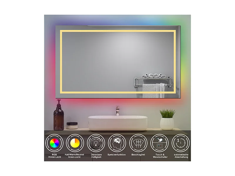 AICA Badspiegel mit RGB-Beleuchtung 100x90cm Beschlagfrei 3 Lichtfarbe Dimmbar Memory-Funktion