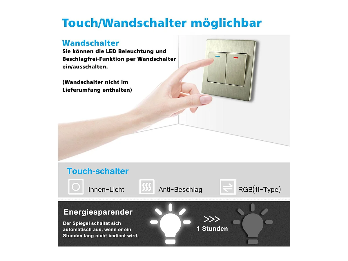 AICA Badspiegel mit RGB-Beleuchtung 100x90cm Beschlagfrei 3 Lichtfarbe Dimmbar Memory-Funktion