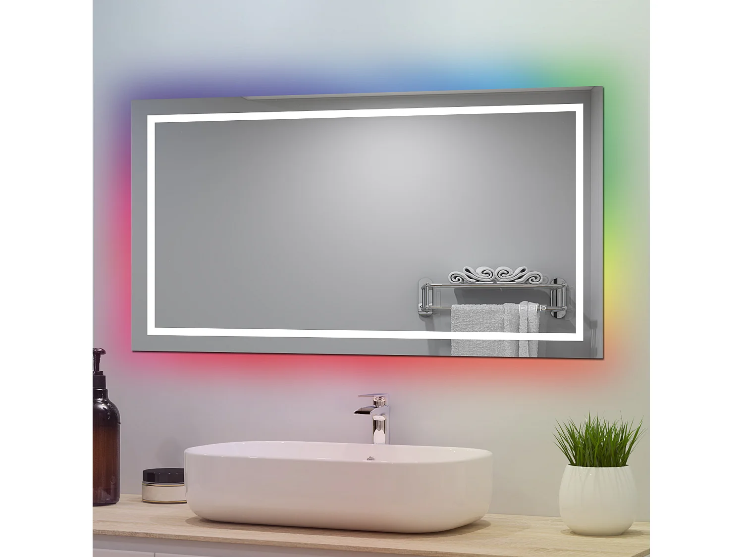 AICA Badspiegel mit RGB-Beleuchtung 100x90cm Beschlagfrei 3 Lichtfarbe Dimmbar Memory-Funktion
