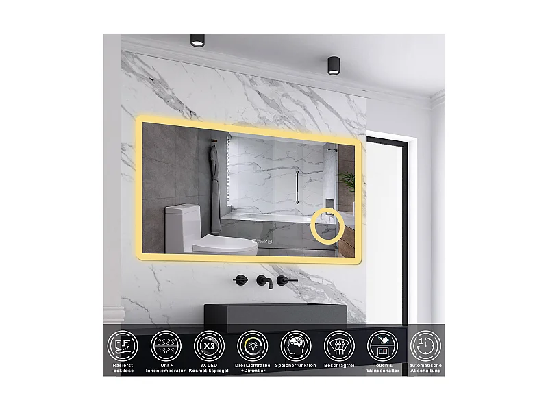 AICA LED Wandspiegel mit Steckdose 120x70cm Uhr Kosmetikspiegel Beschlagfrei 3 Lichtfarbe+Dimmbar