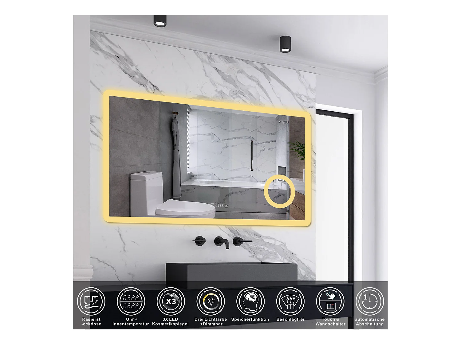 AICA LED Wandspiegel mit Steckdose 120x70cm Uhr Kosmetikspiegel Beschlagfrei 3 Lichtfarbe+Dimmbar