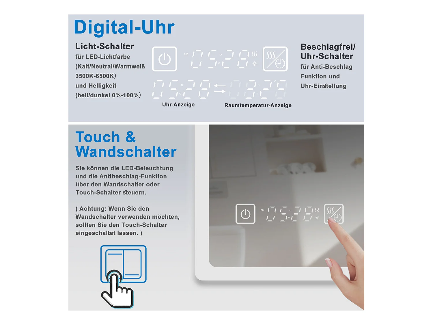 AICA LED Wandspiegel mit Steckdose 120x70cm Uhr Kosmetikspiegel Beschlagfrei 3 Lichtfarbe+Dimmbar