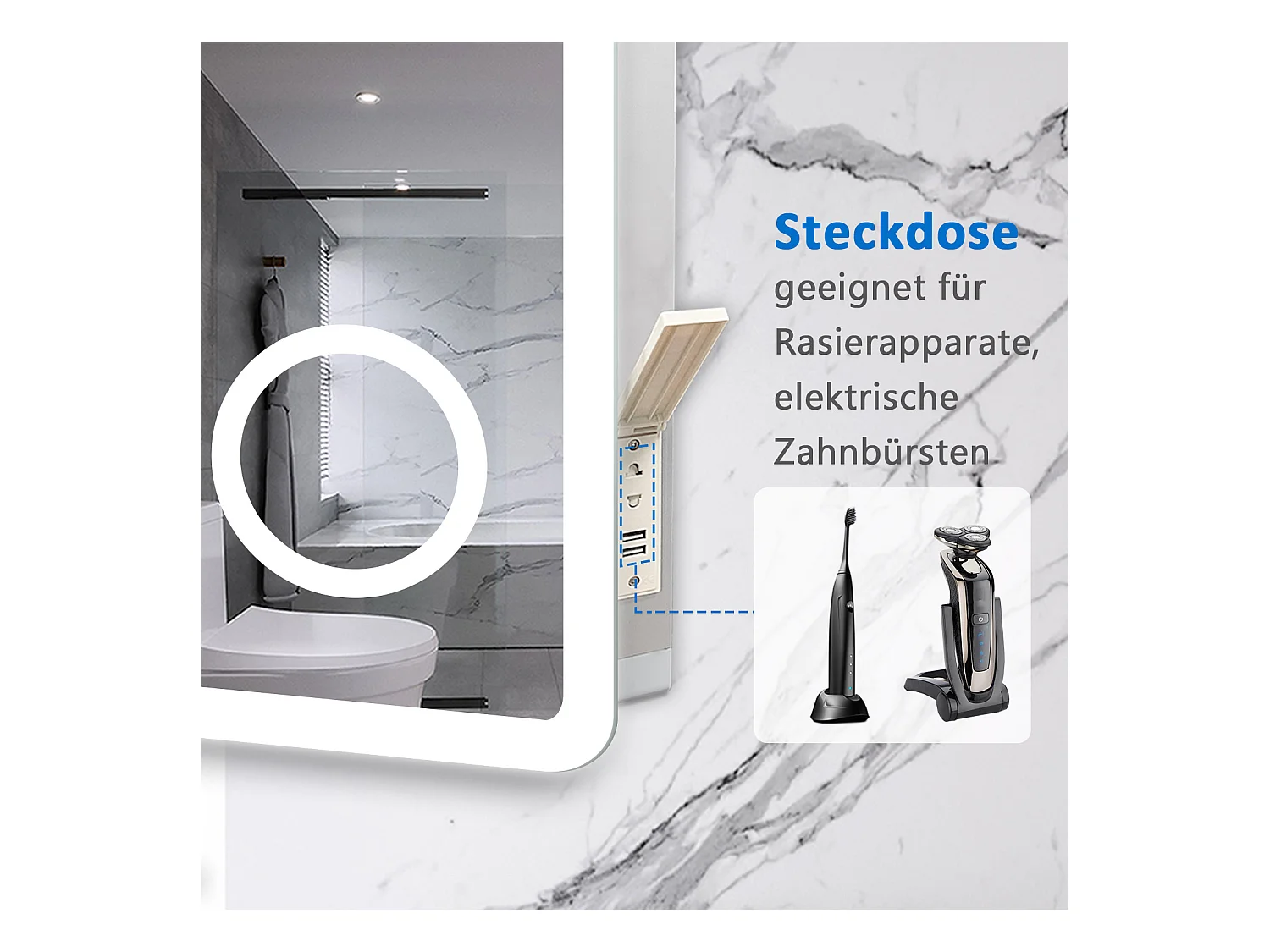 AICA LED Wandspiegel mit Steckdose 120x70cm Uhr Kosmetikspiegel Beschlagfrei 3 Lichtfarbe+Dimmbar