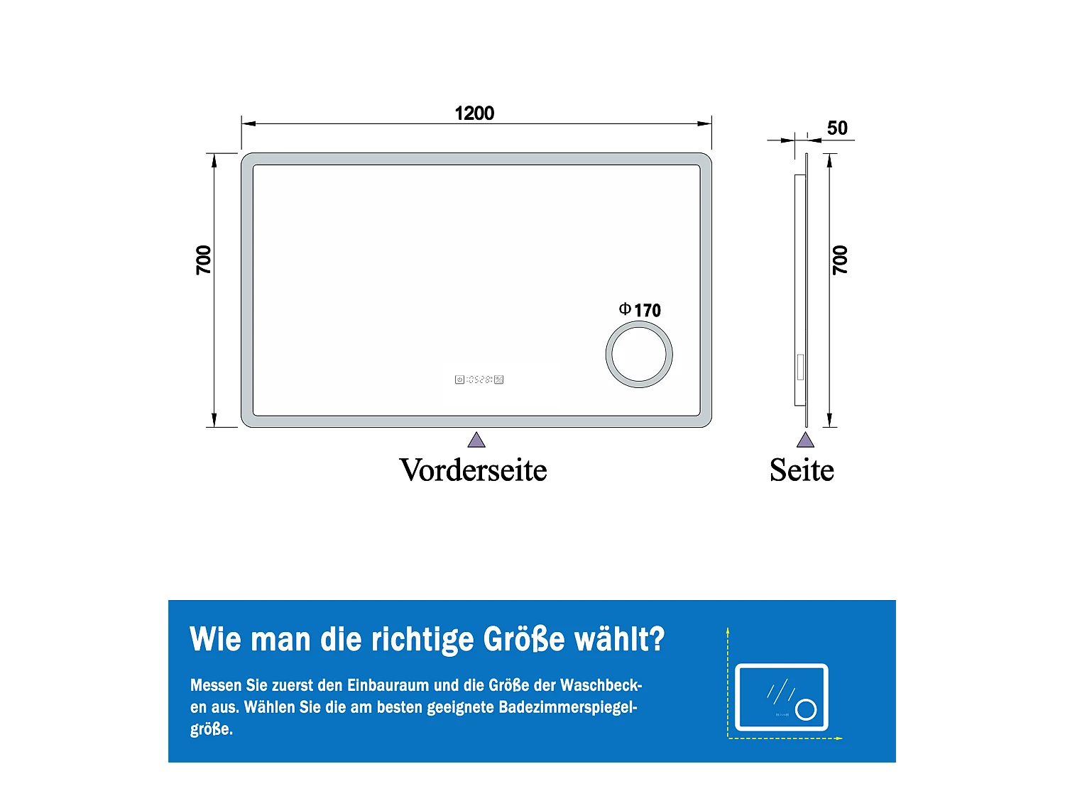 AICA LED Wandspiegel mit Steckdose 120x70cm Uhr Kosmetikspiegel Beschlagfrei 3 Lichtfarbe+Dimmbar