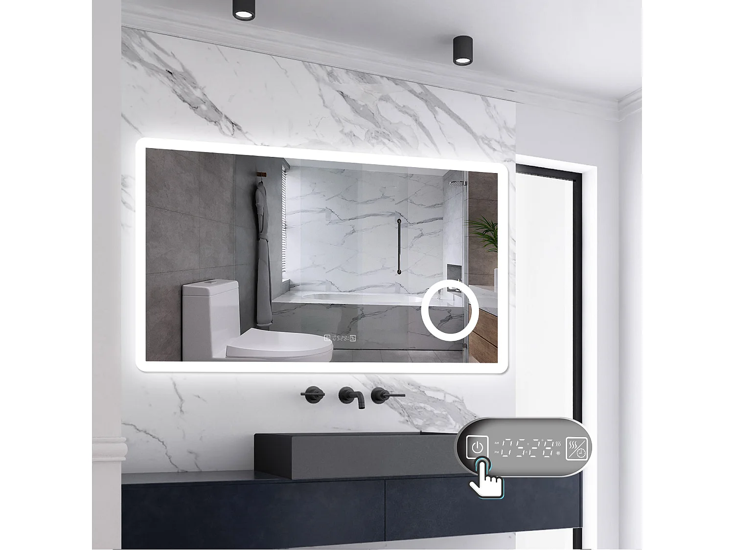 AICA LED Wandspiegel mit Steckdose 120x70cm Uhr Kosmetikspiegel Beschlagfrei 3 Lichtfarbe+Dimmbar