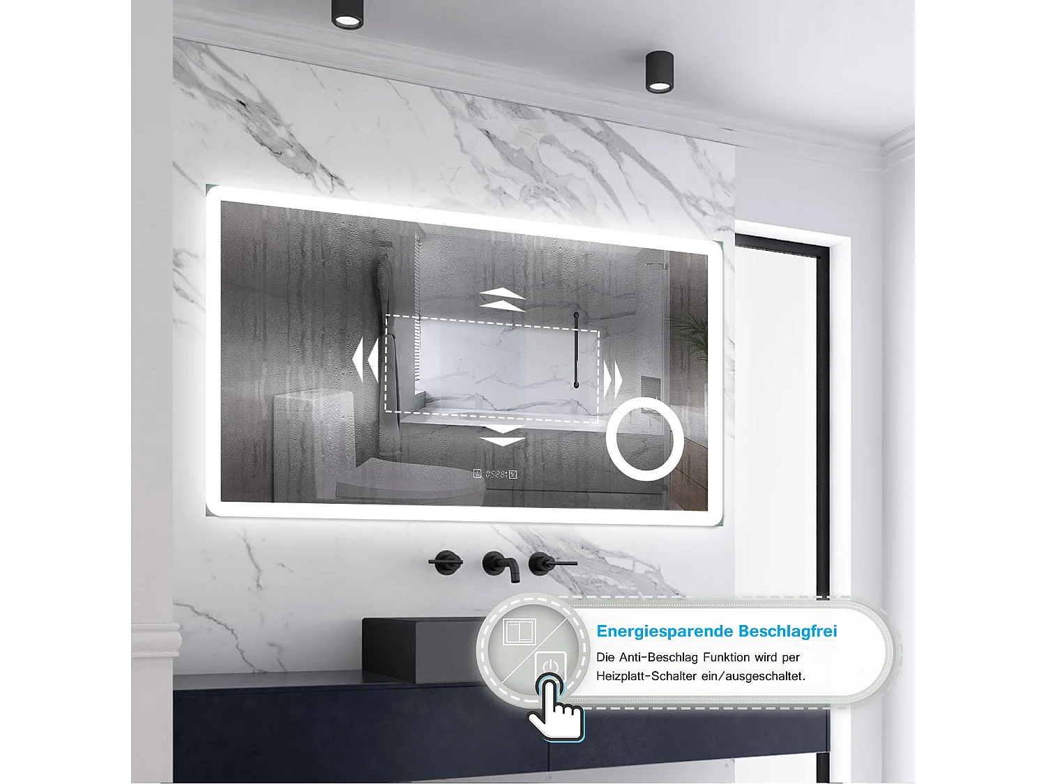 AICA LED Wandspiegel mit Steckdose 120x70cm Uhr Kosmetikspiegel Beschlagfrei 3 Lichtfarbe+Dimmbar