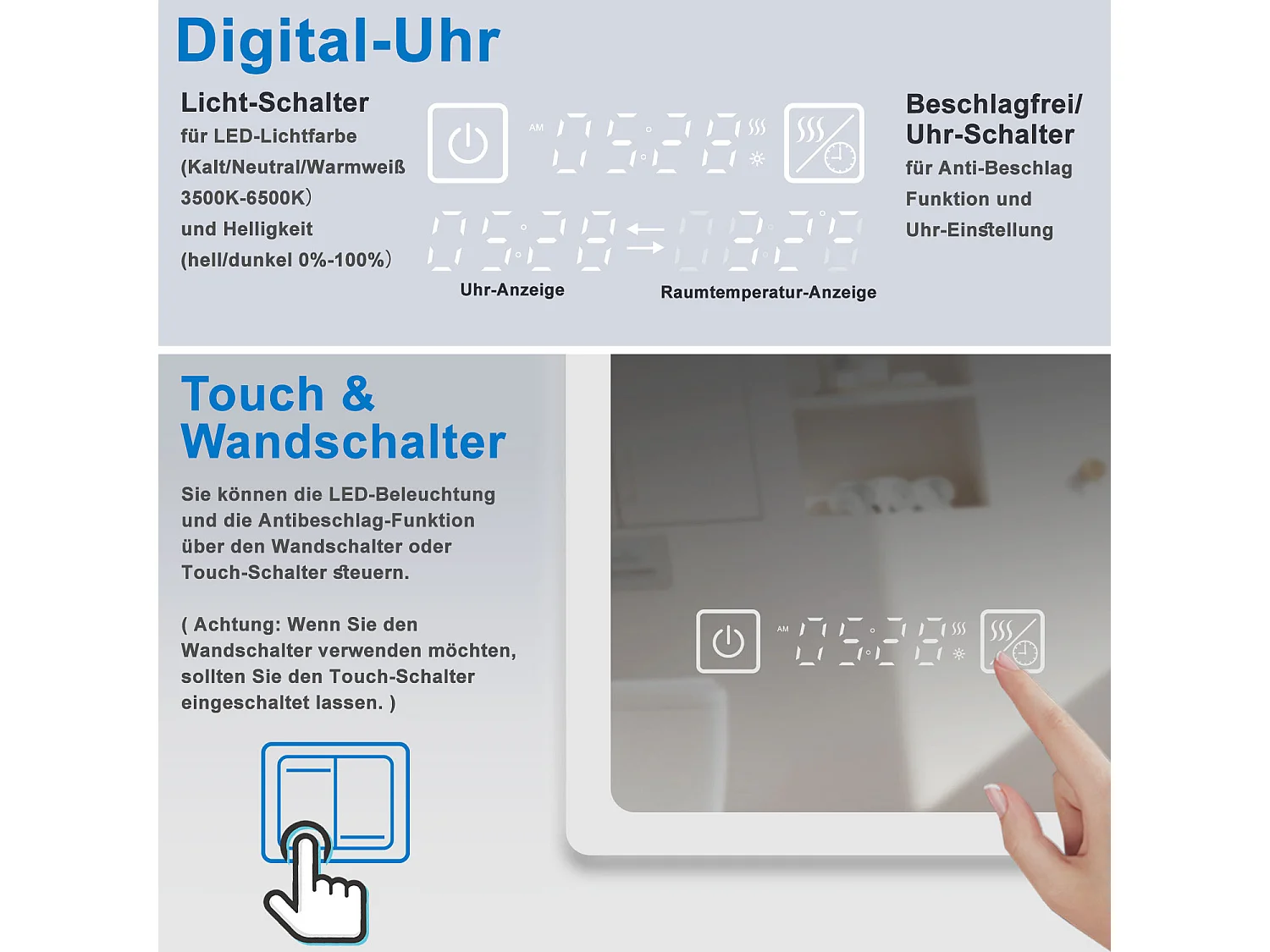 AICA LED Wandspiegel mit Steckdose 120x70cm Uhr Kosmetikspiegel Beschlagfrei 3 Lichtfarbe+Dimmbar