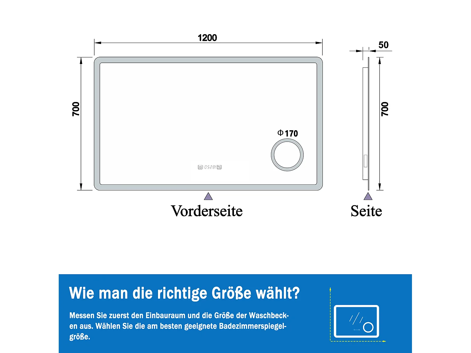 AICA LED Wandspiegel mit Steckdose 120x70cm Uhr Kosmetikspiegel Beschlagfrei 3 Lichtfarbe+Dimmbar