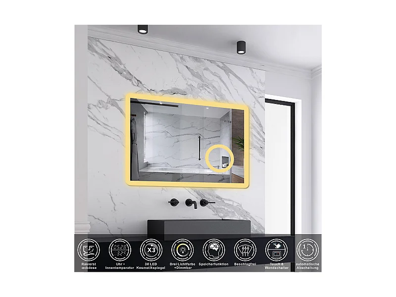 AICA LED Wandspiegel mit Steckdose 80x60cm Uhr Kosmetikspiegel Beschlagfrei 3 Lichtfarbe+Dimmbar