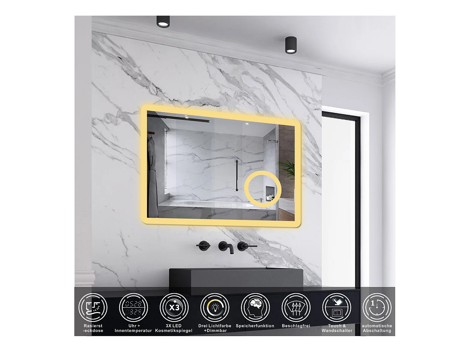 AICA LED Wandspiegel mit Steckdose 80x60cm Uhr Kosmetikspiegel Beschlagfrei 3 Lichtfarbe+Dimmbar