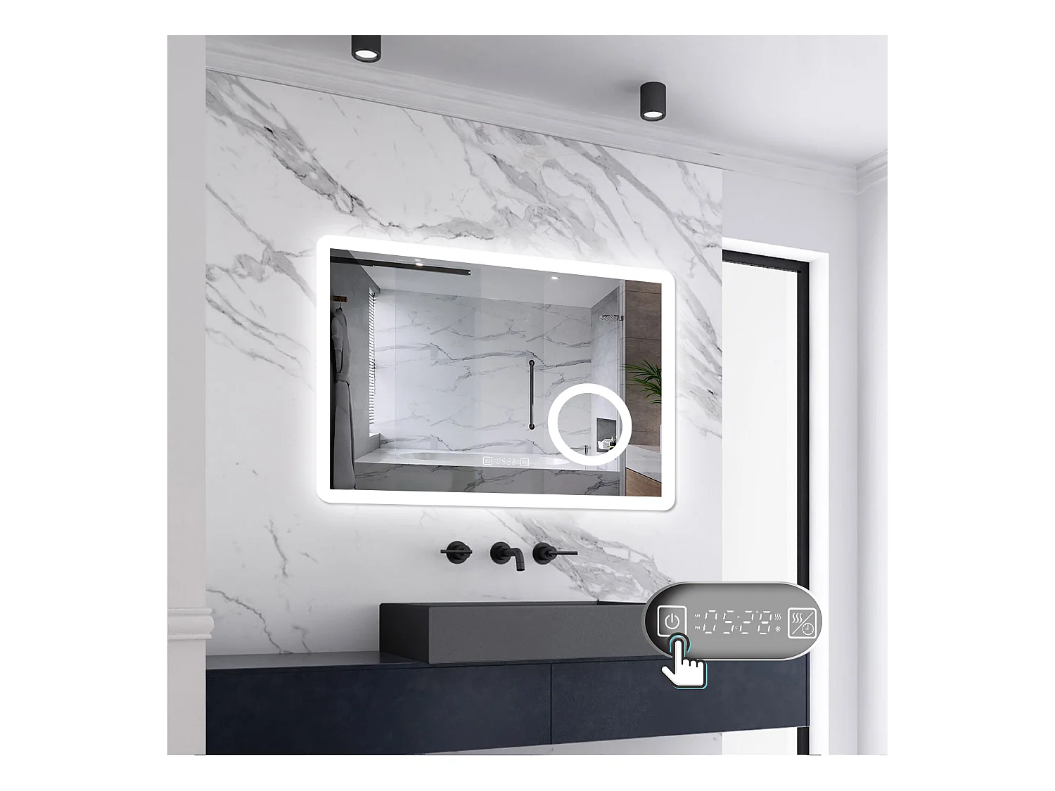 AICA LED Wandspiegel mit Steckdose 80x60cm Uhr Kosmetikspiegel Beschlagfrei 3 Lichtfarbe+Dimmbar