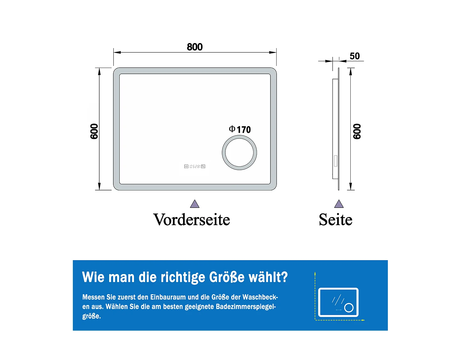 AICA LED Wandspiegel mit Steckdose 80x60cm Uhr Kosmetikspiegel Beschlagfrei 3 Lichtfarbe+Dimmbar