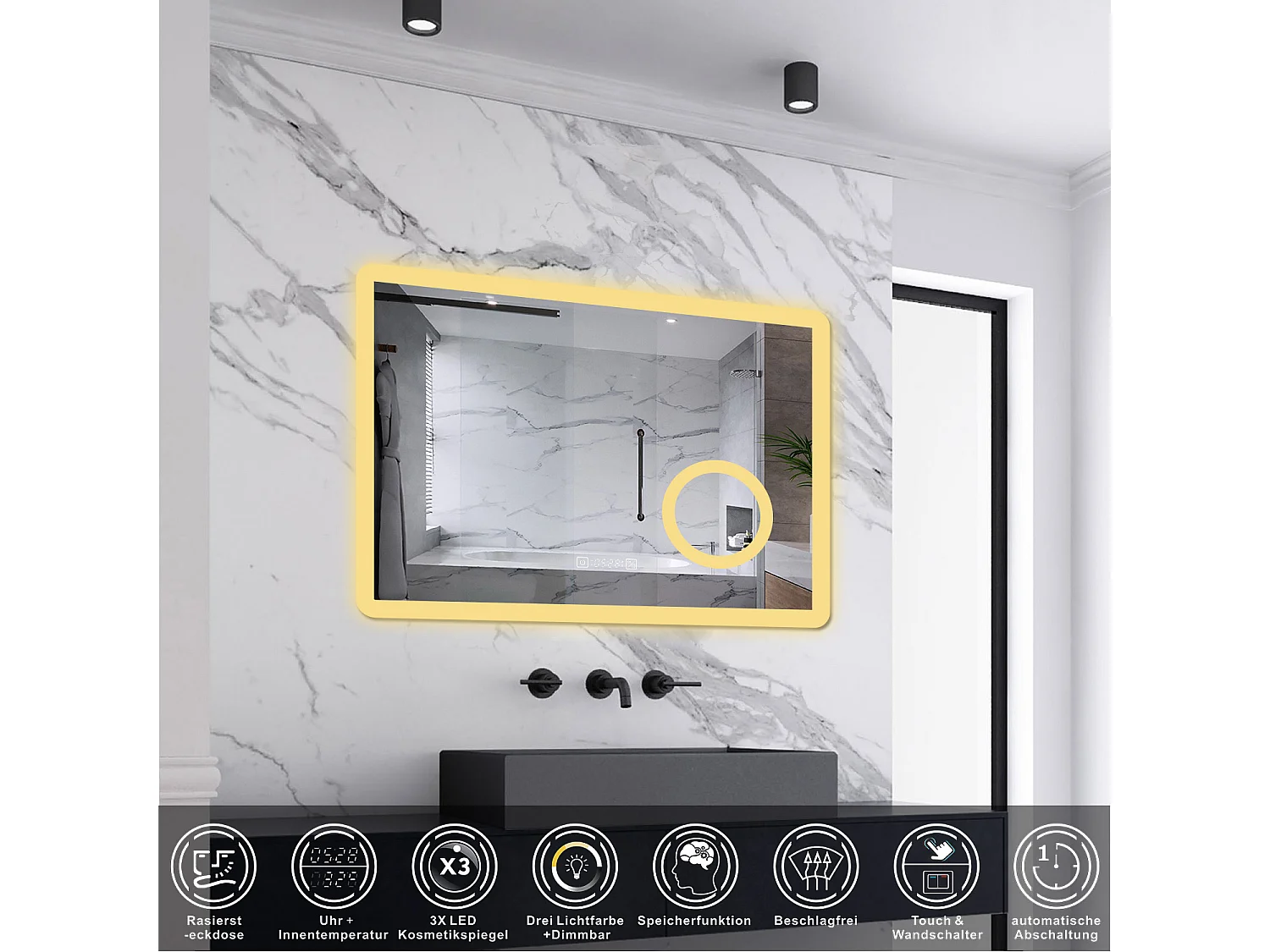 AICA LED Wandspiegel mit Steckdose 80x60cm Uhr Kosmetikspiegel Beschlagfrei 3 Lichtfarbe+Dimmbar