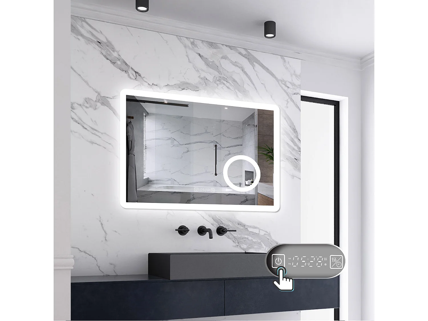 AICA LED Wandspiegel mit Steckdose 80x60cm Uhr Kosmetikspiegel Beschlagfrei 3 Lichtfarbe+Dimmbar