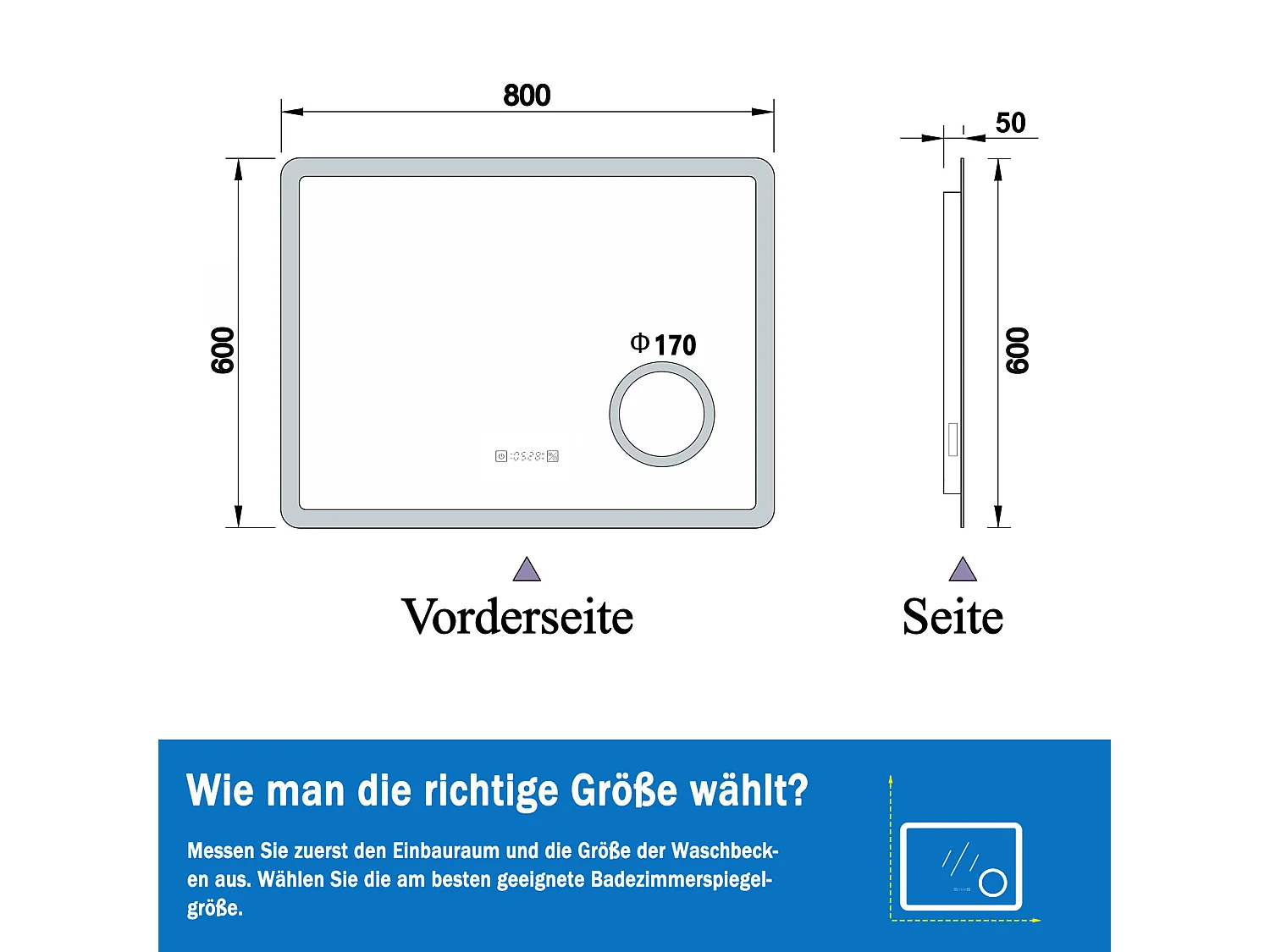AICA LED Wandspiegel mit Steckdose 80x60cm Uhr Kosmetikspiegel Beschlagfrei 3 Lichtfarbe+Dimmbar