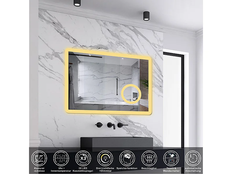 AICA LED Wandspiegel mit Steckdose 80x60cm Uhr Kosmetikspiegel Beschlagfrei 3 Lichtfarbe+Dimmbar