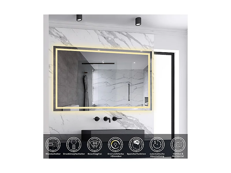 AICA LED Badspiegel mit Knopfschalter 100x60cm Beschlagfrei 3 Lichtfarbe+Dimmbar Memory-Funktion