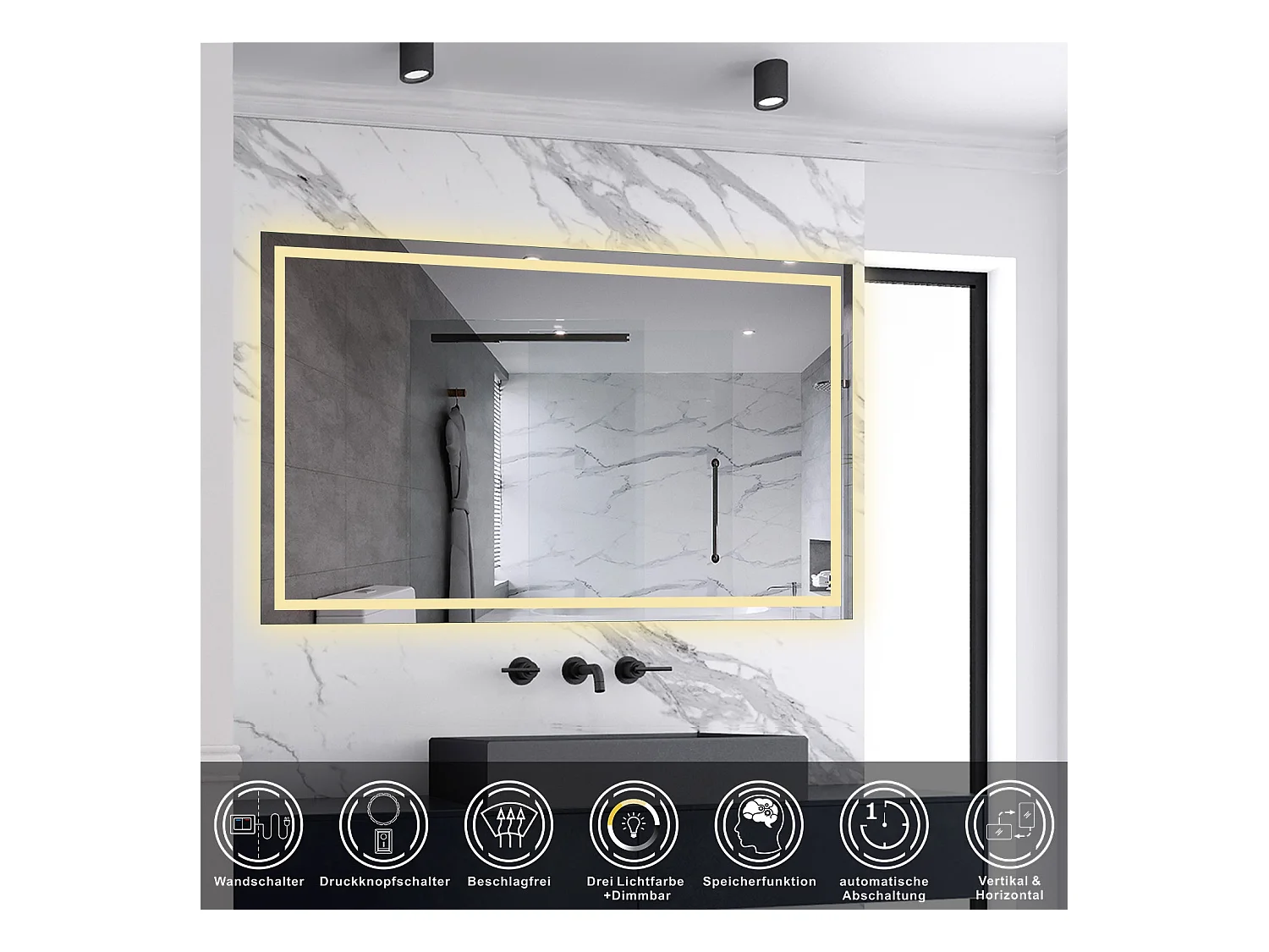 AICA LED Badspiegel mit Knopfschalter 100x60cm Beschlagfrei 3 Lichtfarbe+Dimmbar Memory-Funktion