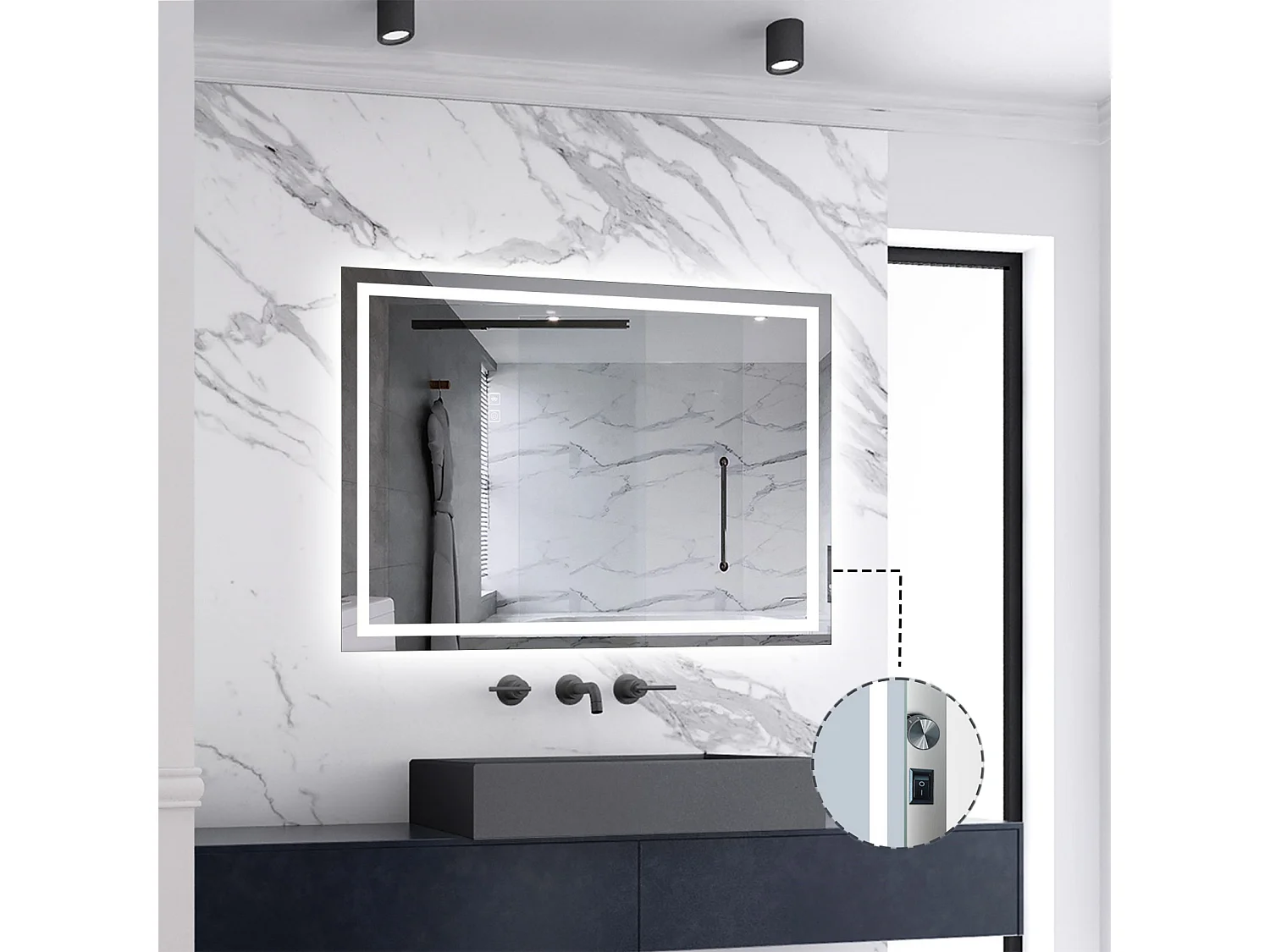 AICA LED Badspiegel mit Knopfschalter 70x50cm Beschlagfrei 3 Lichtfarbe+Dimmbar Memory-Funktion