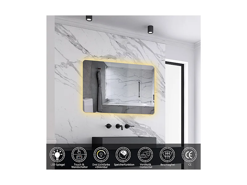 AICA LED Badspiegel 70x50cm Wand/Touchschalter Anti-Beschlag 3 Lichfarbe+Dimmbar Memory-Funktion