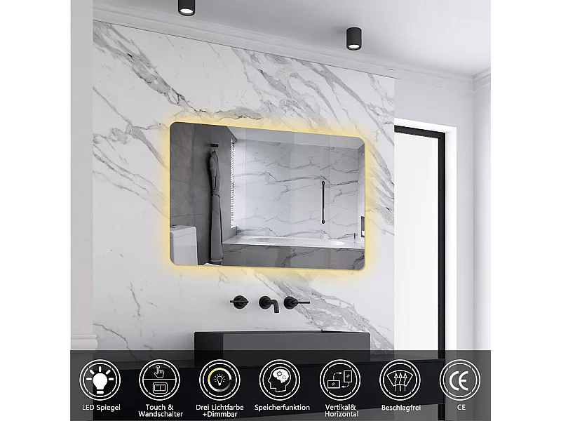 AICA LED Badspiegel 70x50cm Wand/Touchschalter Anti-Beschlag 3 Lichfarbe+Dimmbar Memory-Funktion