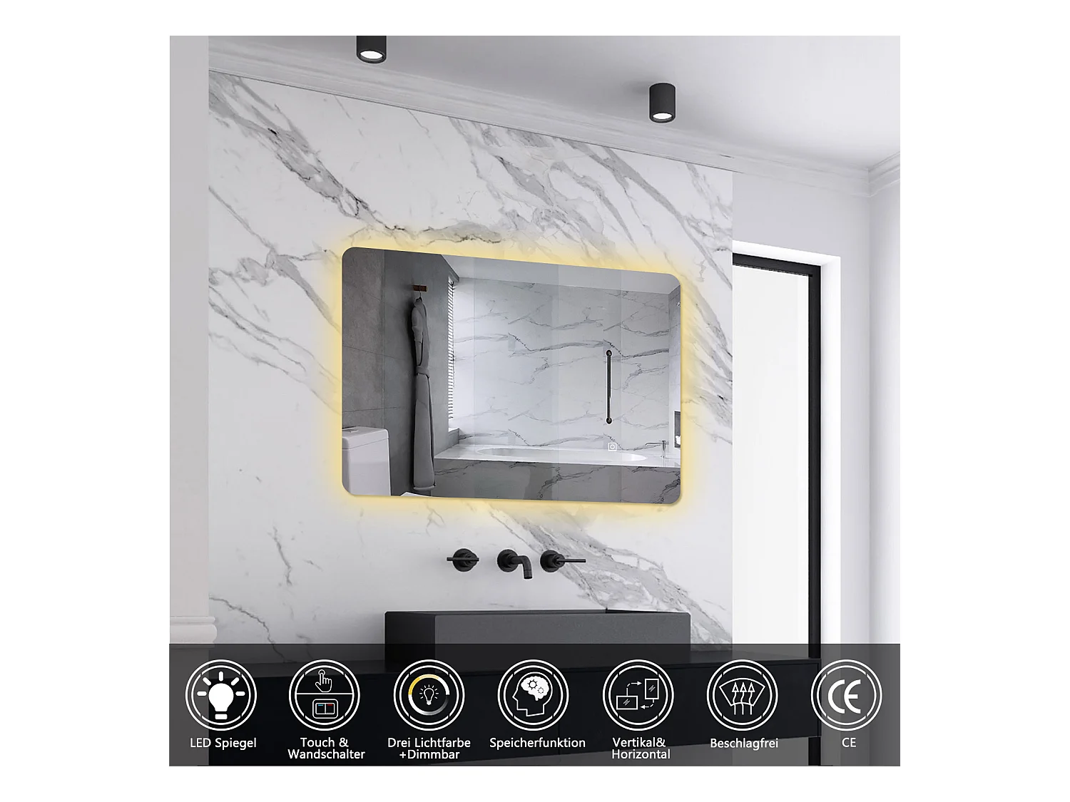 AICA LED Badspiegel 60x40cm Wand/Touchschalter Anti-Beschlag 3 Lichfarbe+Dimmbar Memory-Funktion