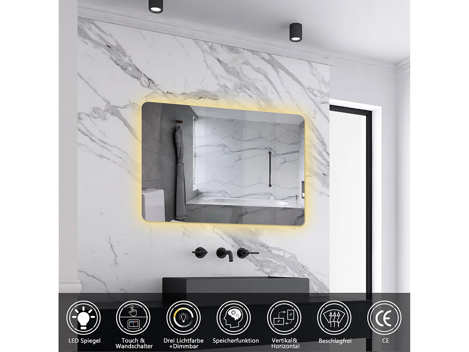 AICA LED Badspiegel 60x40cm Wand/Touchschalter Anti-Beschlag 3 Lichfarbe+Dimmbar Memory-Funktion