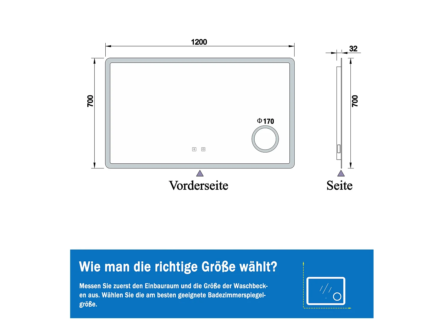 AICA LED Wandspiegel mit Steckdose 120x70cm Bluetooth Kosmetikspiegel Beschlagfrei 3 Lichtfarbe+Dimmbar