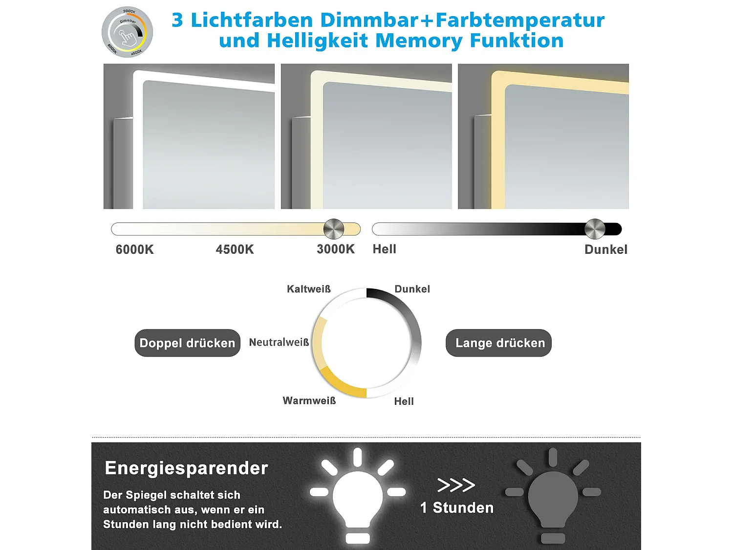 AICA LED Wandspiegel mit Steckdose 120x70cm Bluetooth Kosmetikspiegel Beschlagfrei 3 Lichtfarbe+Dimmbar