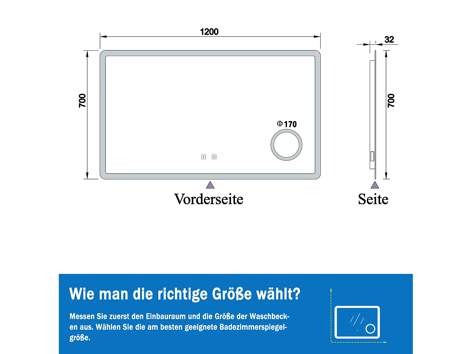 AICA LED Wandspiegel mit Steckdose 120x70cm Bluetooth Kosmetikspiegel Beschlagfrei 3 Lichtfarbe+Dimmbar