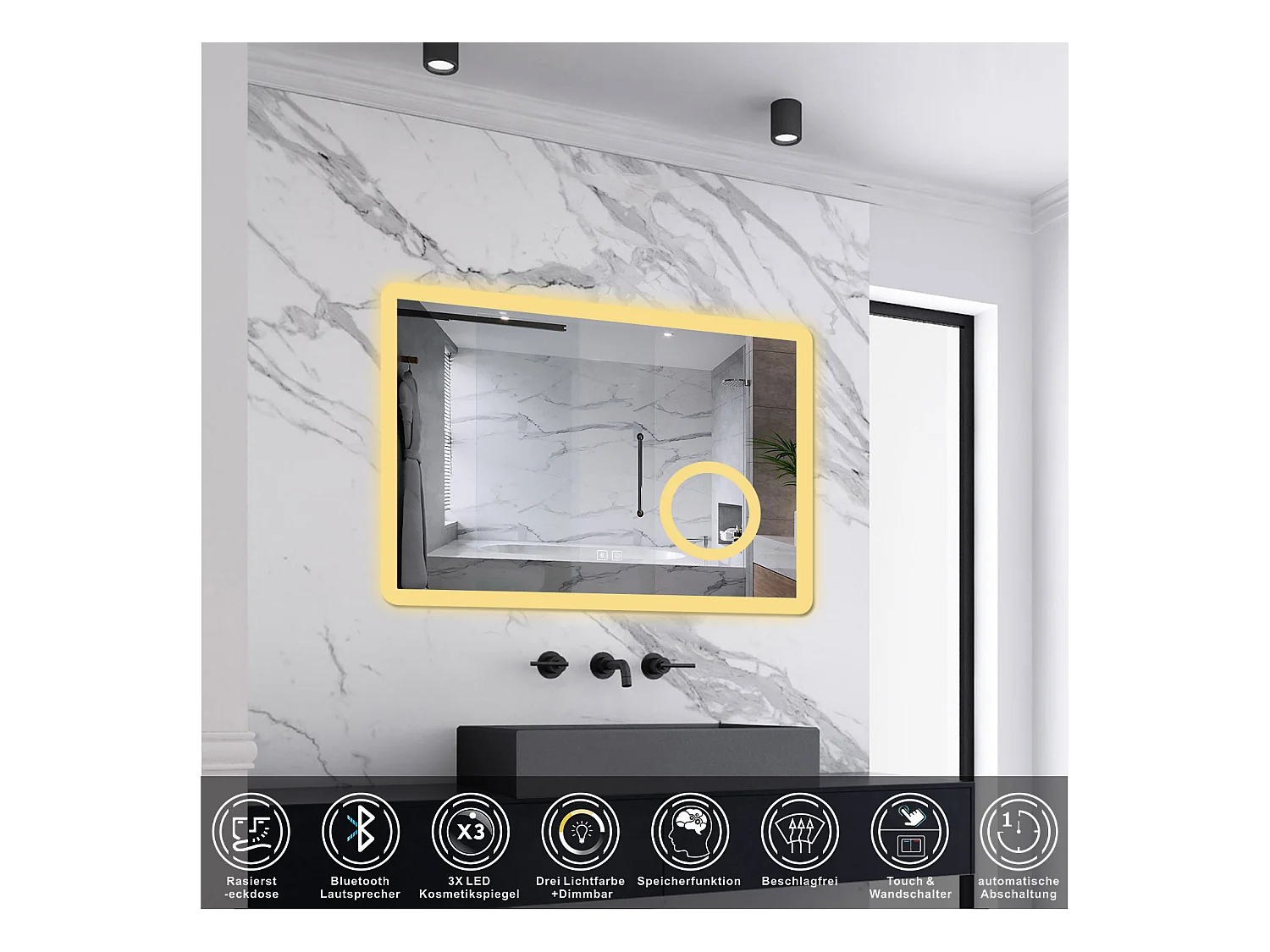 AICA LED Wandspiegel mit Steckdose 80x60cm Bluetooth Kosmetikspiegel Beschlagfrei 3 Lichtfarbe+Dimmbar