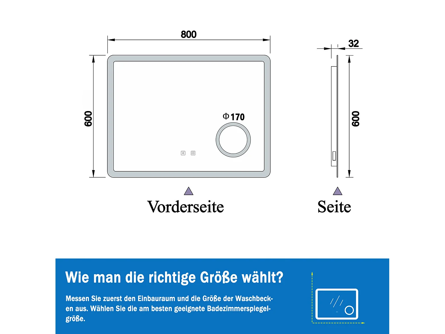 AICA LED Wandspiegel mit Steckdose 80x60cm Bluetooth Kosmetikspiegel Beschlagfrei 3 Lichtfarbe+Dimmbar