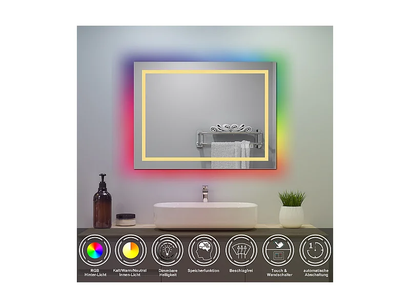 AICA Badspiegel mit RGB-Beleuchtung 80x60cm Beschlagfrei 3 Lichtfarbe Dimmbar Memory-Funktion